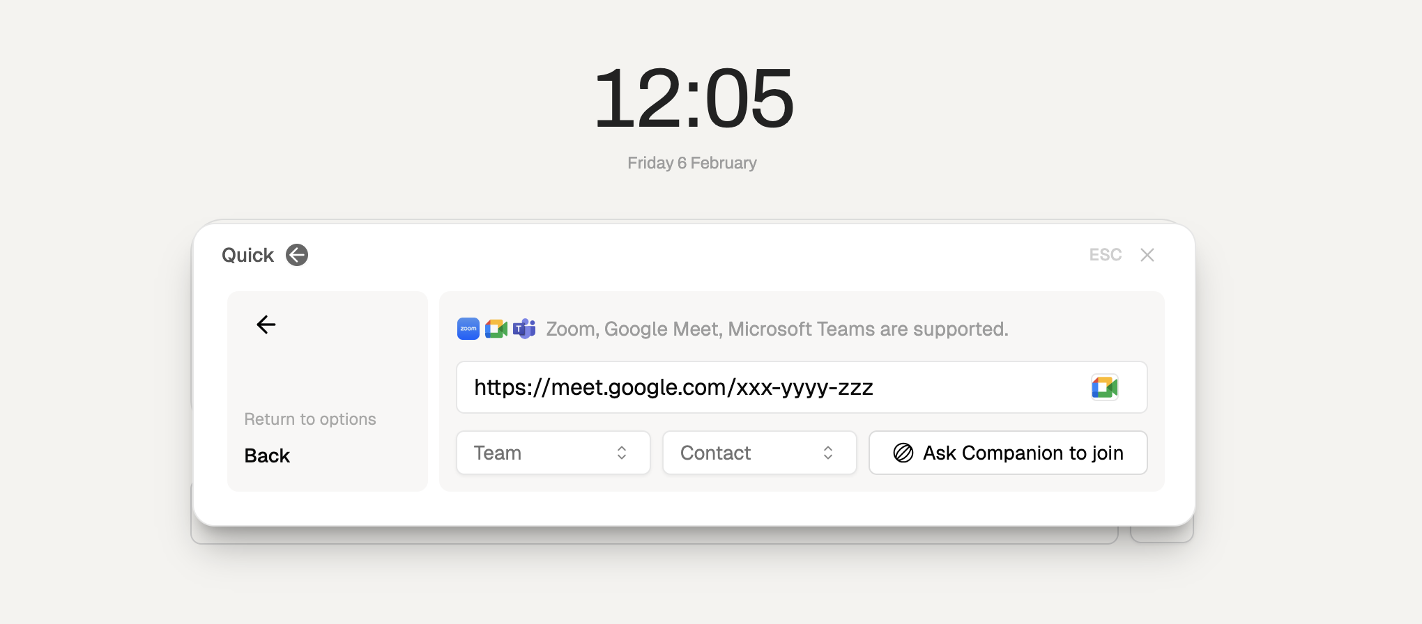 Paste meeting link dialog
