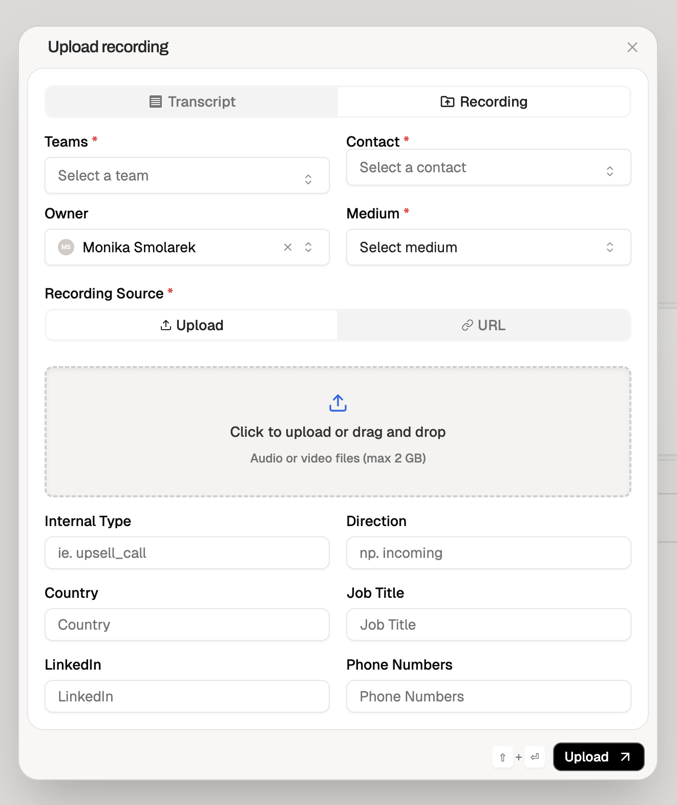 Upload Recording Dialog